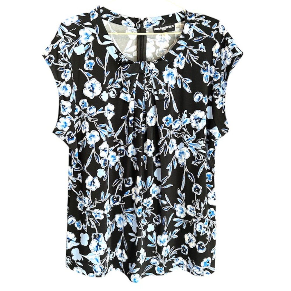 Karl Lagerfeld Blue, Black and White Floral Blouse with a Bow.